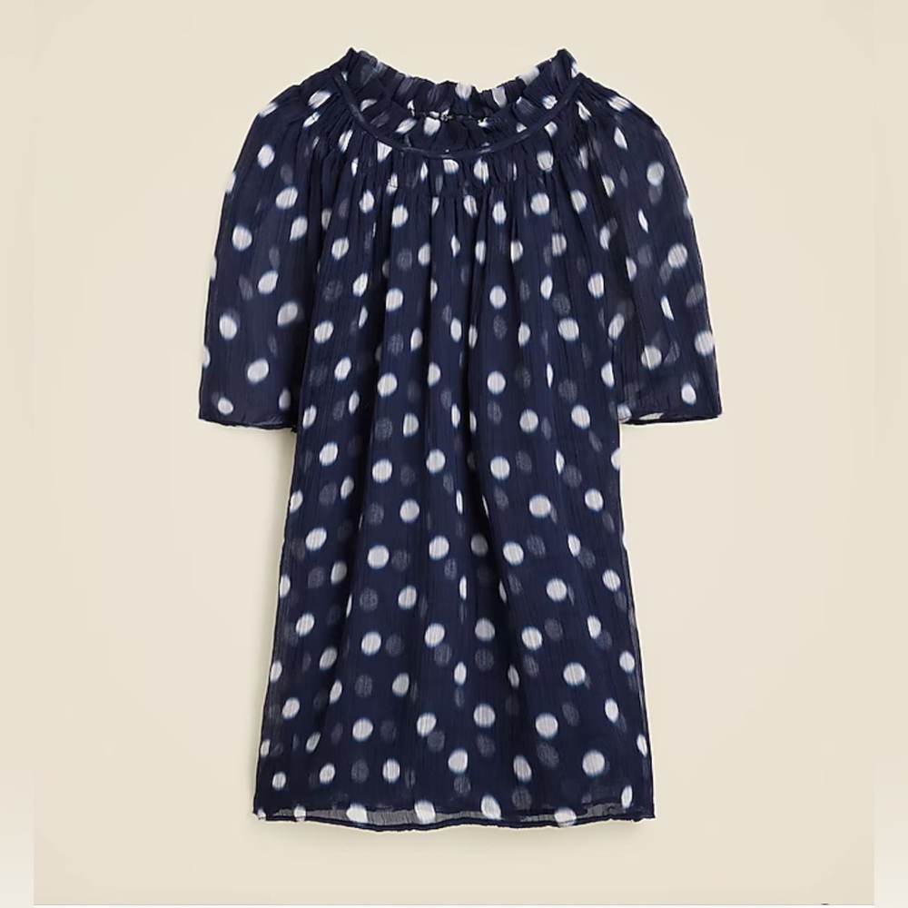 NEW J.Crew Crinkle Chiffon Smocked Sheer Blouse Top Polka Dot Blue XS *READ